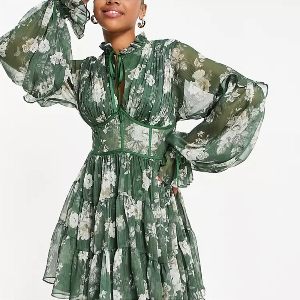 ASOS DESIGN pleated mini dress with waist corset by downtown Abby in green J5